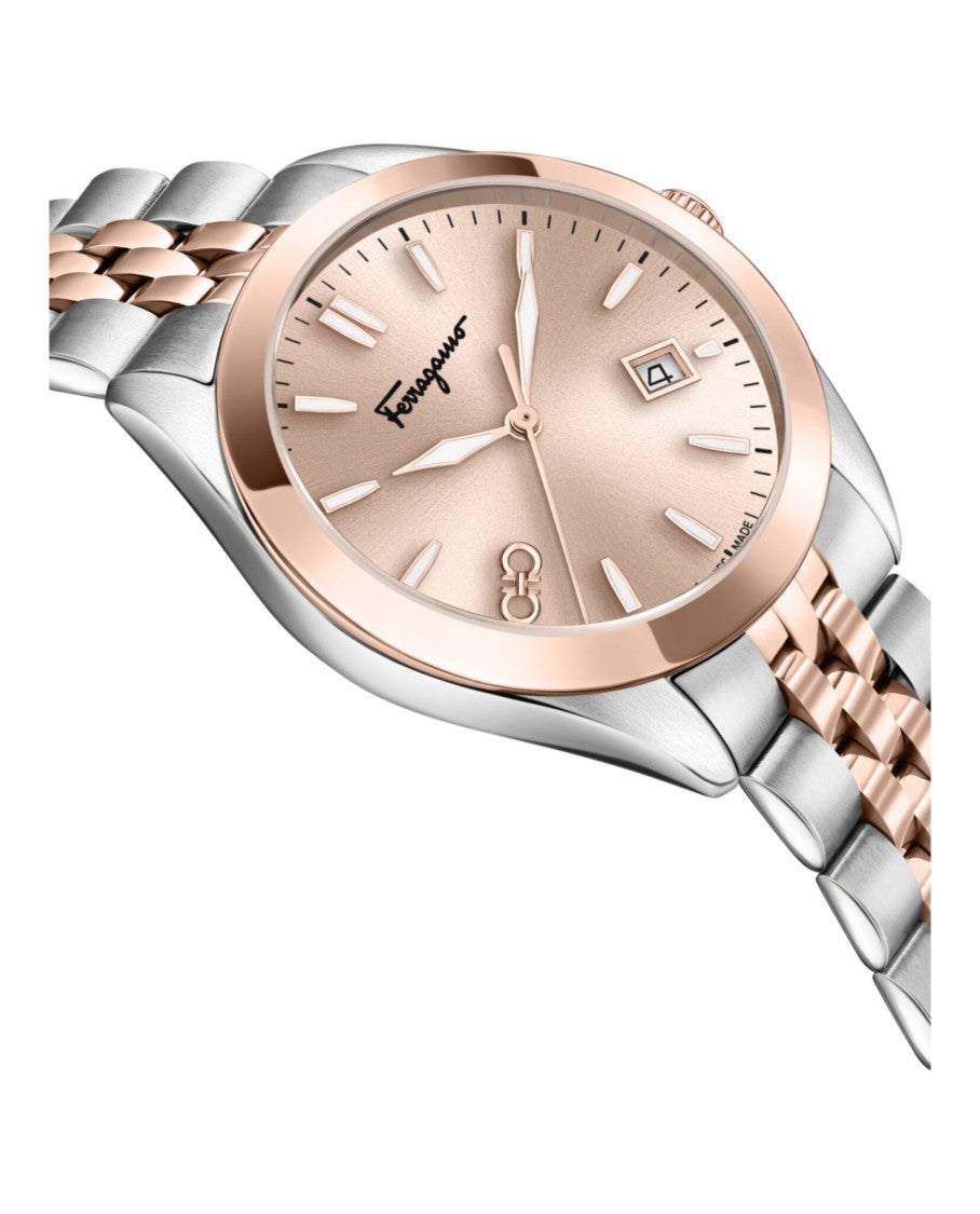 Ferragamo Two-Tone Bracelet Watch With Rose Gold Sunray Dial