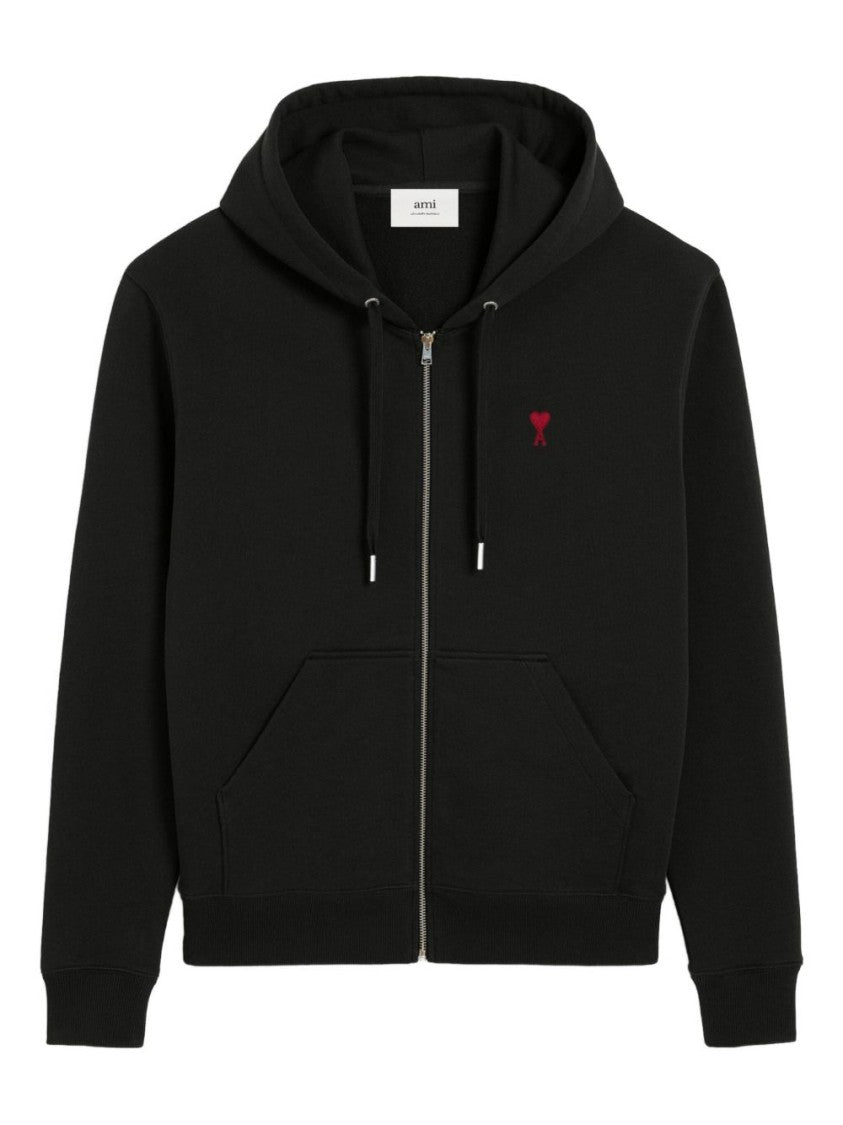 Ami Paris Zip-Up Hoodie With Drawstring Hood And Heart Embroidery