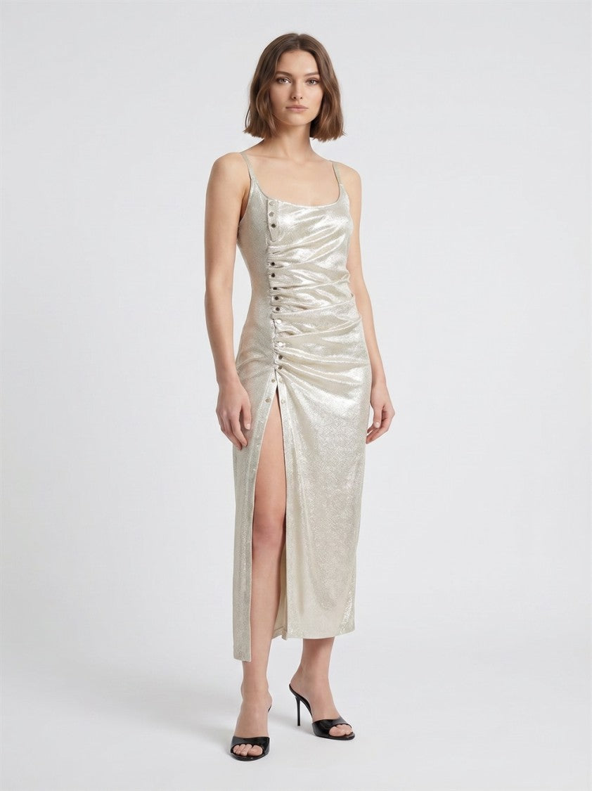 Rabanne Gold And Silver Gathered Effect Strapless Viscose Evening Dress