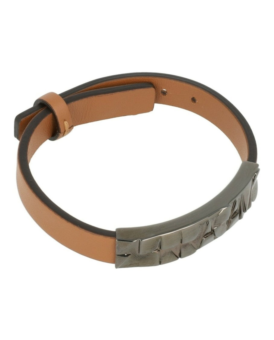 Ferragamo Leather Bracelet With Embossed Geometric Accent And Gunmetal Finish
