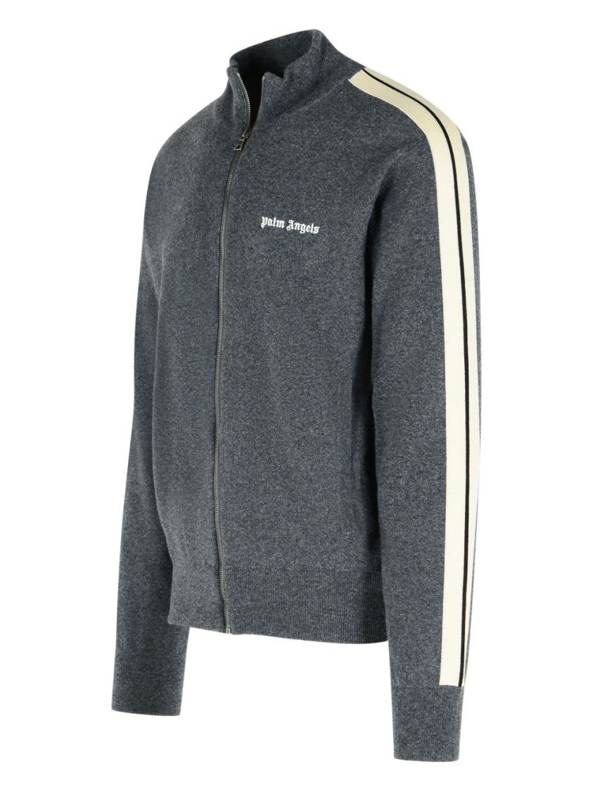 Palm Angels Zip-Up Grey Sweater With Contrasting Stripes