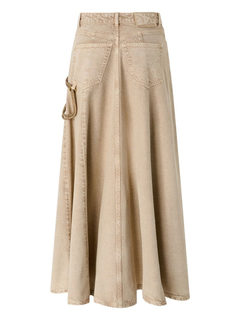 Pinko Flared Beige Midi Skirt With Decorative Rope Detail