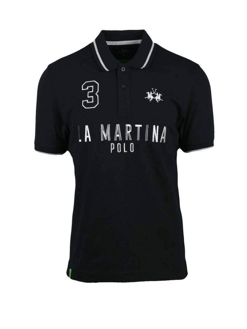 La Martina Black Cotton Elastane Polo