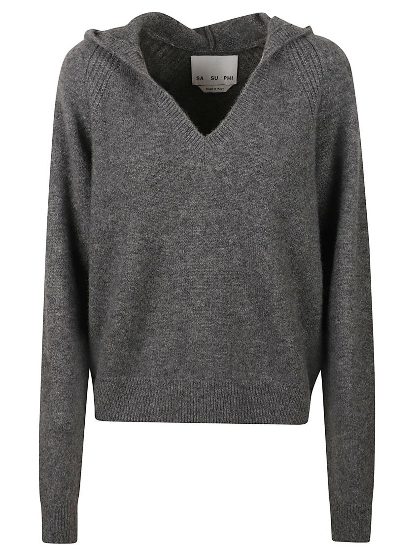 Sa Su Phi Knitted Hoody Sweater With V-Neckline And Textured Detailing