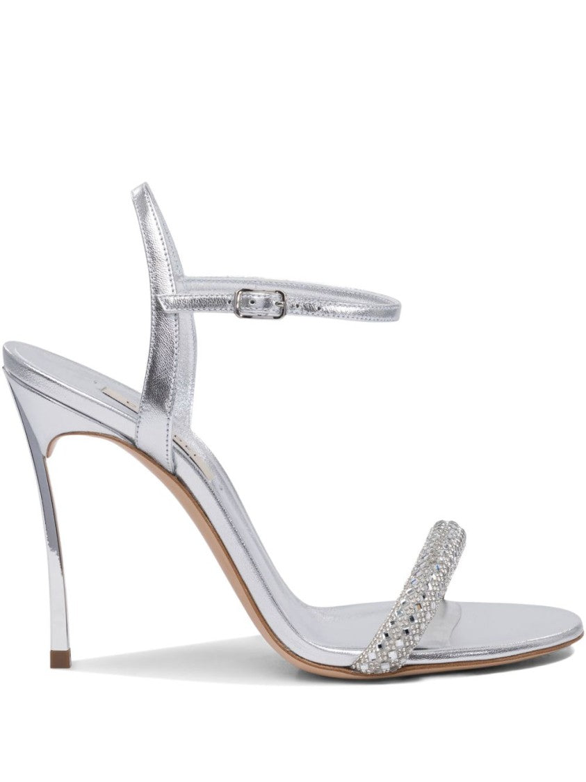 Casadei Crystal-Embellished Silver Sandals With Steel Blade Heel
