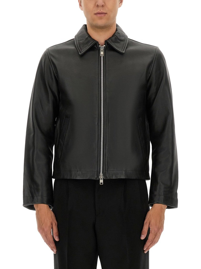 Sunflower Cropped Black Leather Jacket With Classic Collar