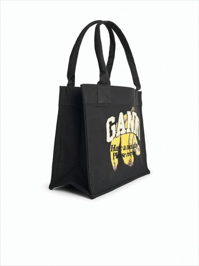 Ganni Rectangular Black Tote Bag With Bold Graphic Print