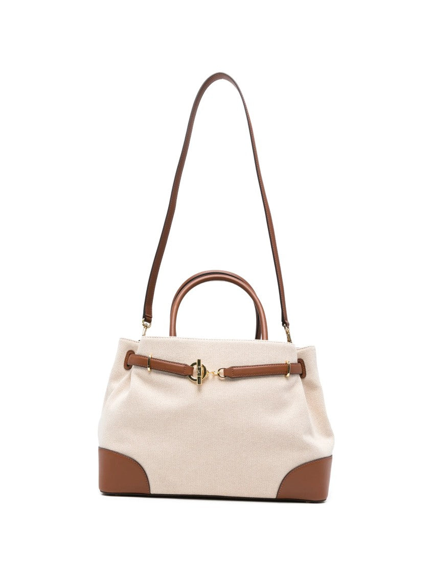 Lauren Ralph Lauren Structured Beige Canvas Handbag With Brown Leather Accents