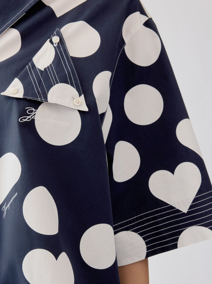 Jacquemus Blue Heart Polka Dot Print Cotton Shirt
