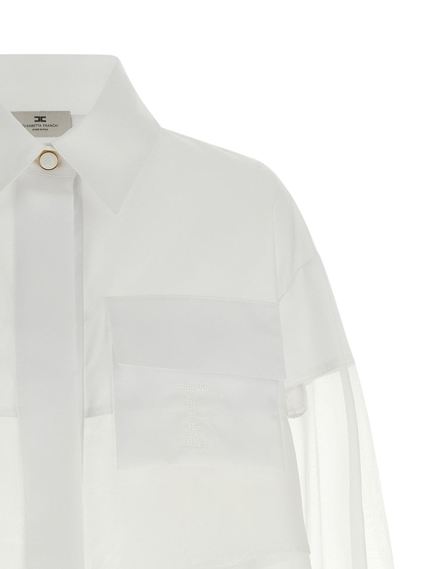 Elisabetta Franchi Cropped White Organza And Cotton Poplin Shirt With Crochet Logo Embroidery