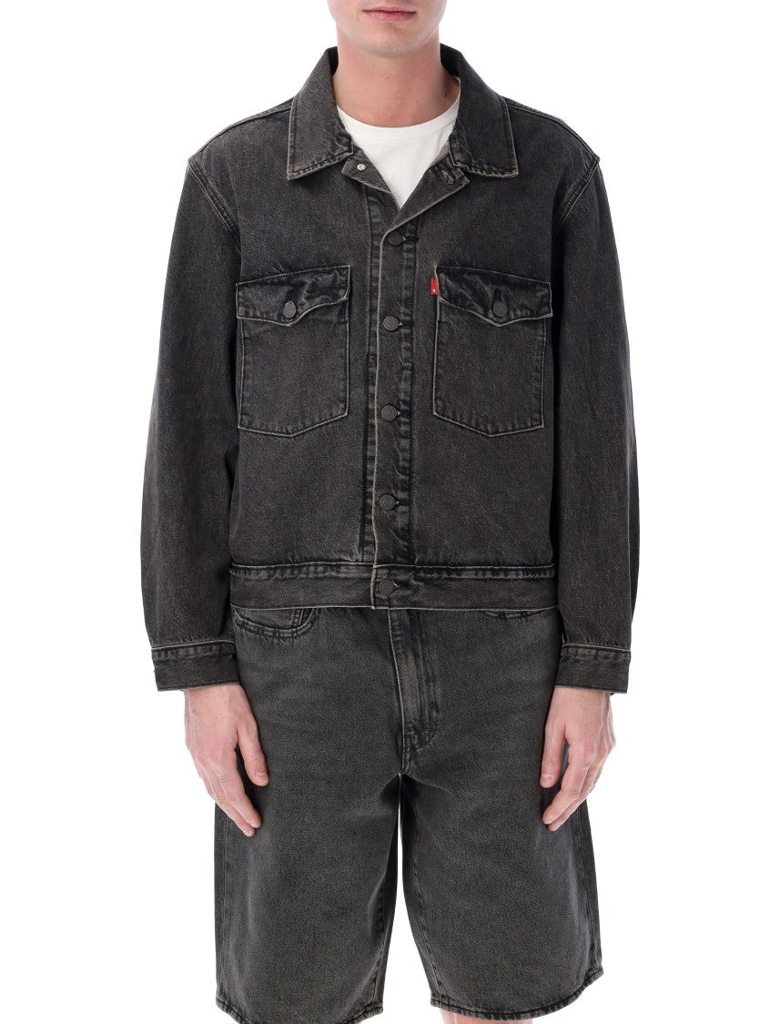 Levi's Washed Black Denim Trucker Jacket With Flap Pockets And Classic Fit
