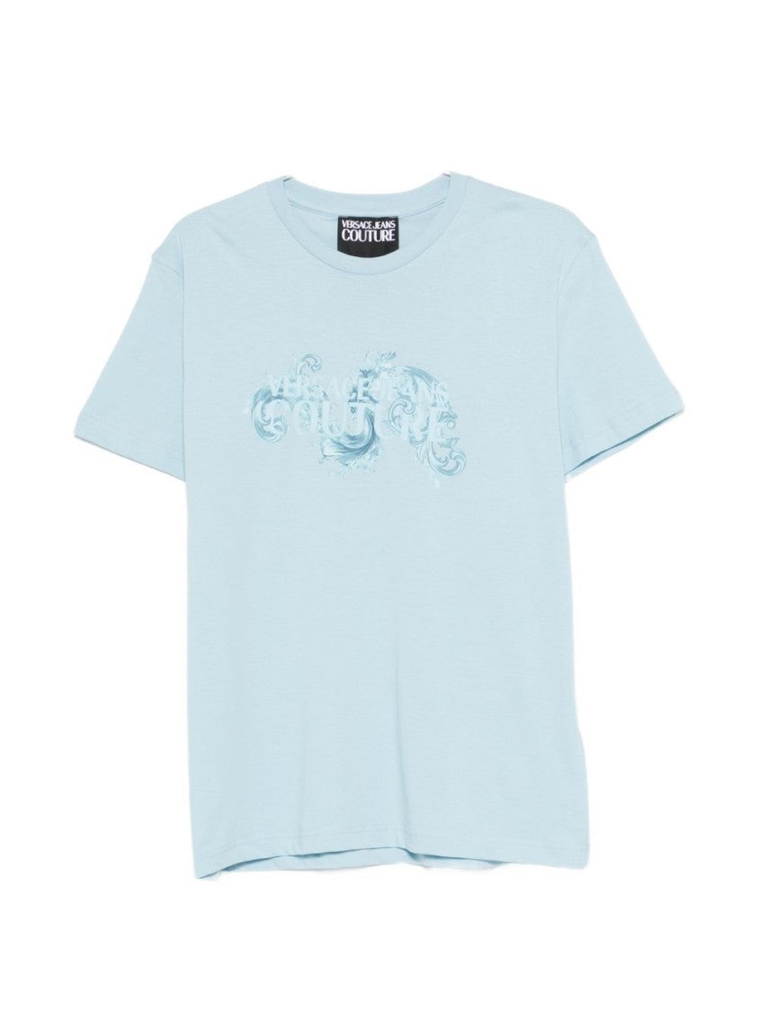Versace Jeans Couture Light Blue Short-Sleeve T-Shirt With Artistic Print