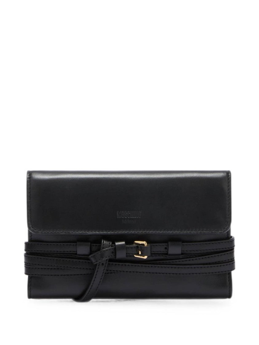 Moschino Black Silk-Blend Buckle Chain Clutch Bag