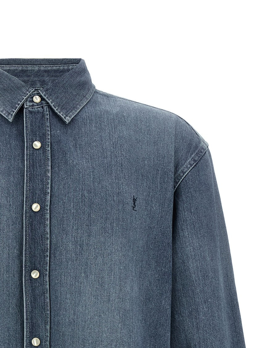 Saint Laurent Horizon Washed Cotton Denim Shirt With Embroidered Cassandre Logo