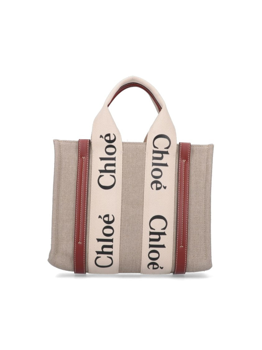 Chloé Woody Beige Linen Leather Trim Small Tote Bag