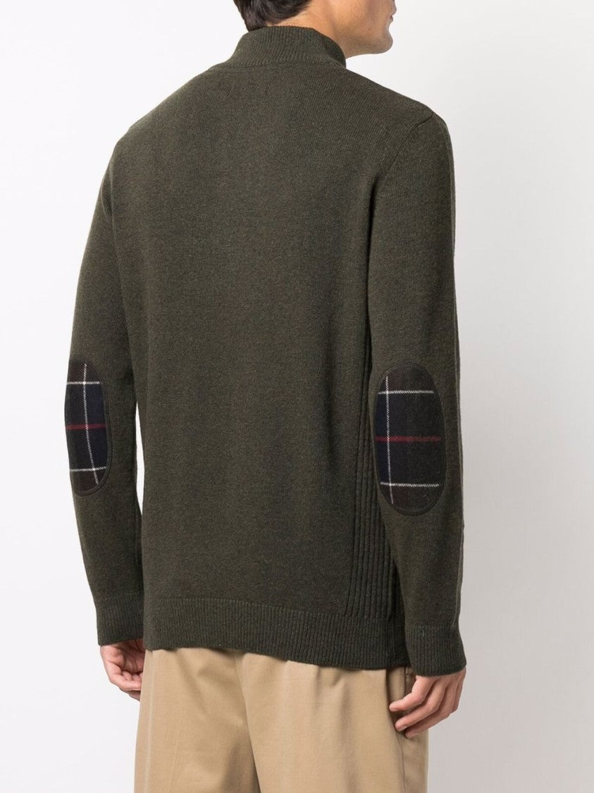 Barbour Khaki-Green Wool Half-Zip Sweater With Ribbed Edges And Elbow Patches