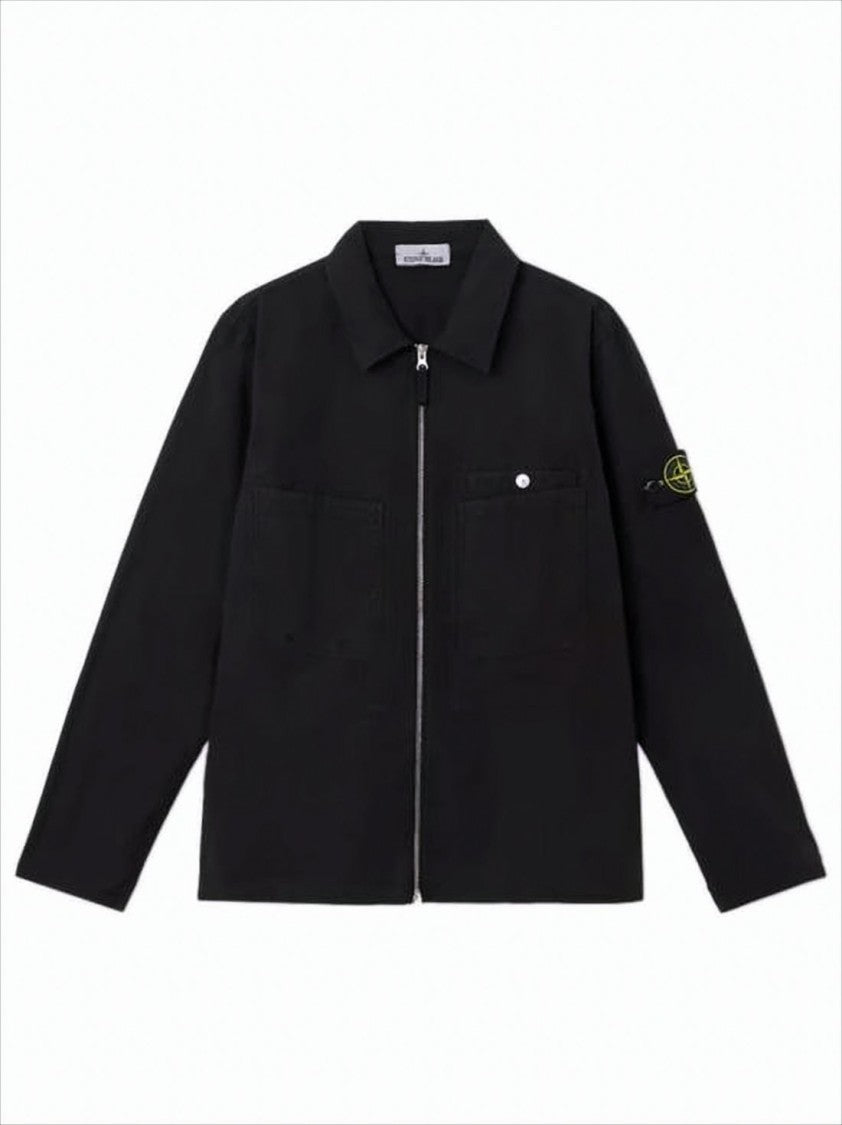 Stone Island Black Jacket With Classic Collar And Distinctive Patch