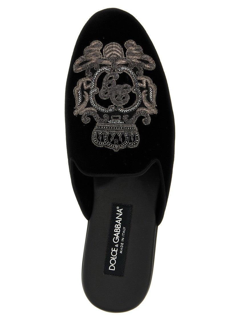 Dolce & Gabbana Velvet Slippers With Embroidered Coat Of Arms