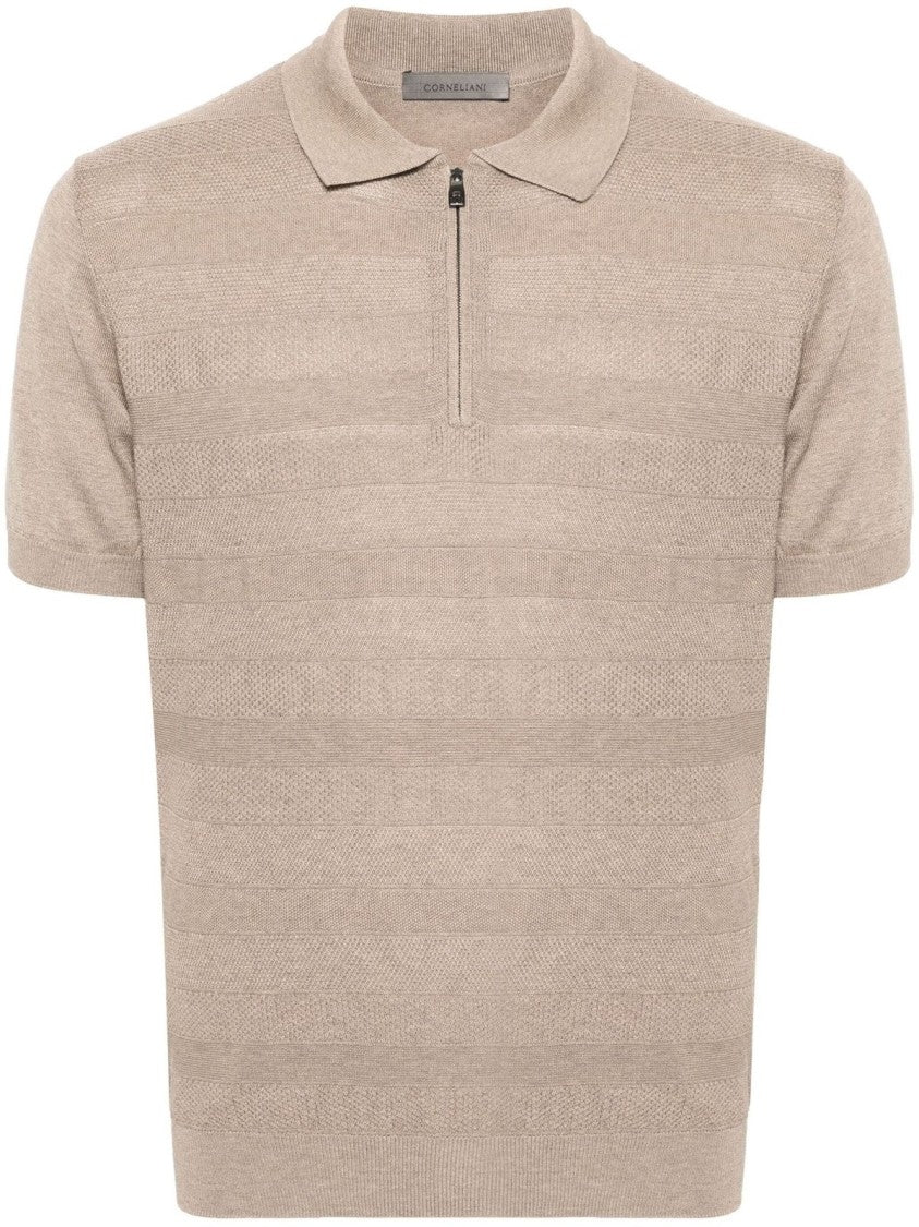 Corneliani Textured Beige Silk-Cotton Short Sleeve Polo Shirt