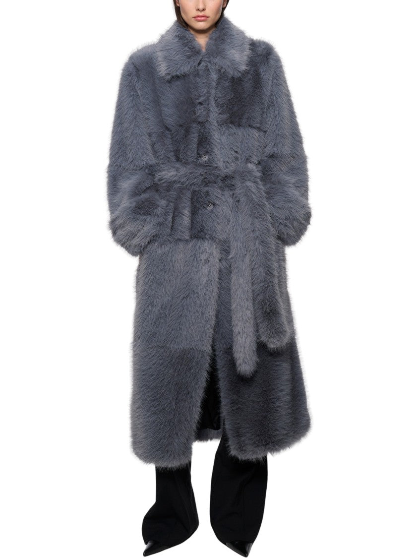 Stand Studio Plush Textured Grey Hana Coat With Belted Waist