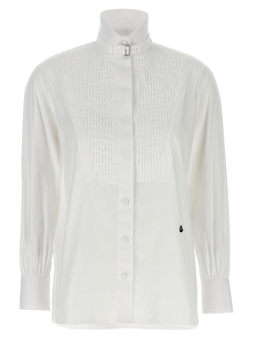 Mcqueen Tuxedo Cotton Poplin Shirt With Pleated Plastron And Contrast Skull Embroidery