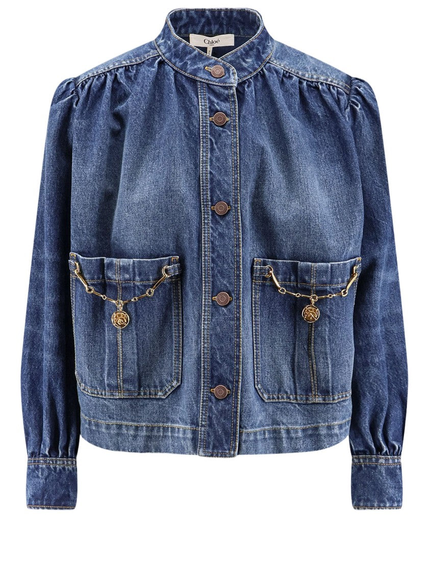 Chloé Ruffle-Collar High-Neck Denim Jacket