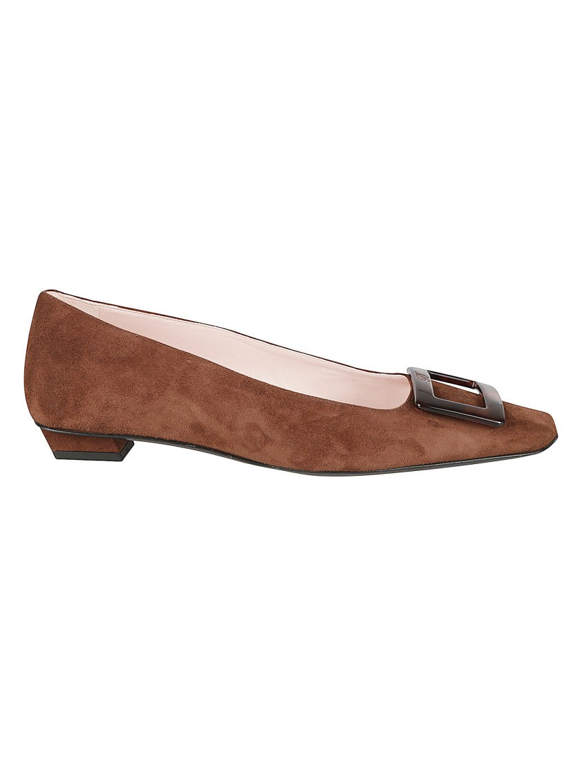 Roger Vivier Pointed Toe Suede Flats With Rectangular Buckle Detail