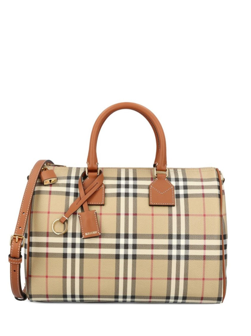 Burberry Beige Canvas Bowling Bag With Classic Check Pattern And Leather Accents