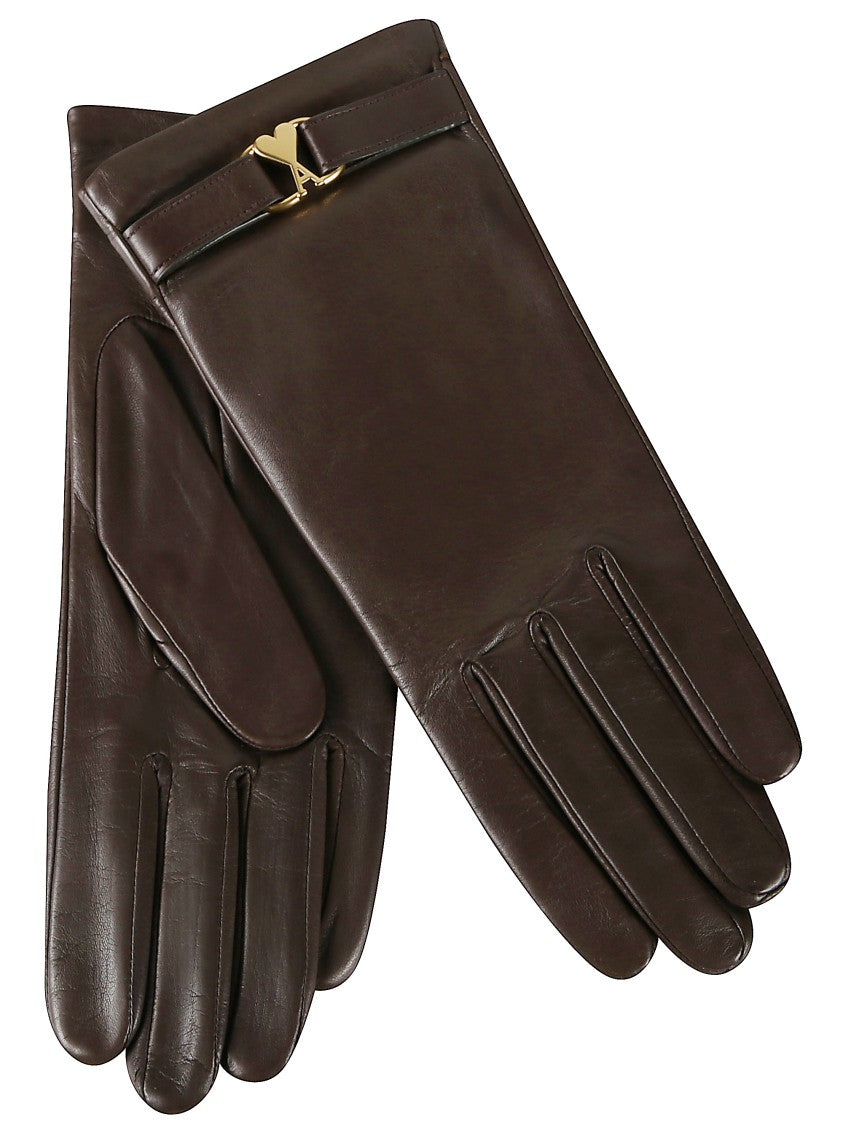 Ami Paris Brown Leather Gloves With Gold Logo Plaque