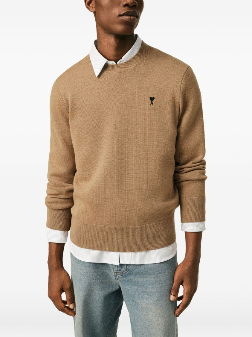 Ami Paris Crew Neck Sweater With Ribbed Details And Emblem