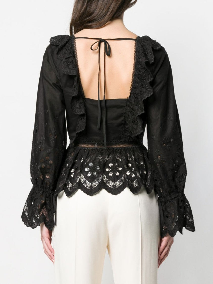 Self-Portrait Black Macramè Shirt With Floral Lace Patterns
