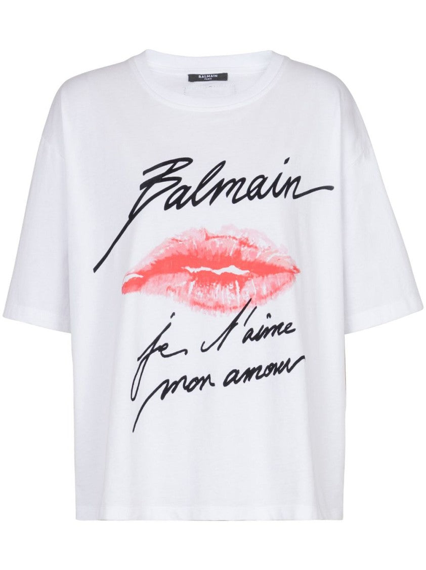 Balmain Kiss Print Oversized White T-Shirt With Script Logo