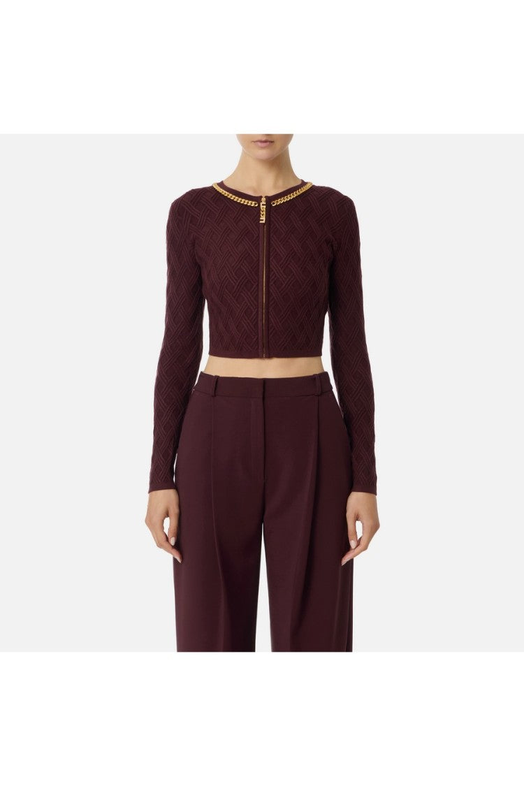 Elisabetta Franchi Burgundy Diamond-Quilted Chain-Trim Viscose-Blend Cardigan