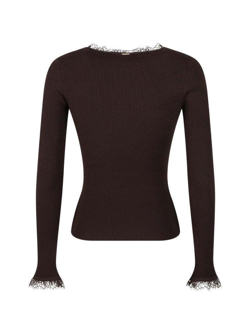 Twin-Set Slim Fit Ribbed Knit Top With Lace Trim And Sweetheart Neckline