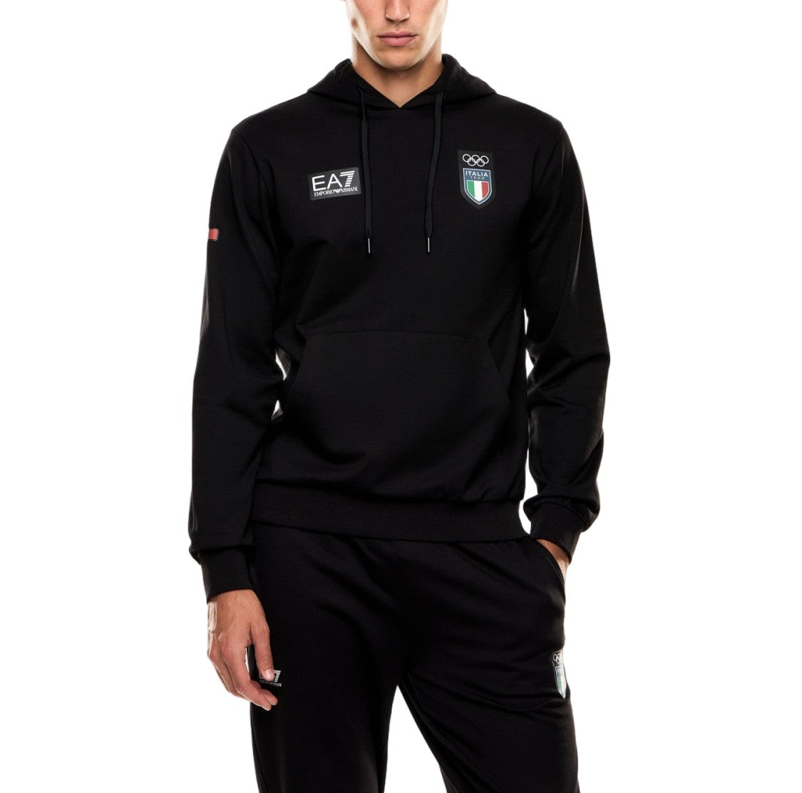 Ea7 Emporio Armani Italia Letter-Emblazoned Black Hoodie With Drawstring Design