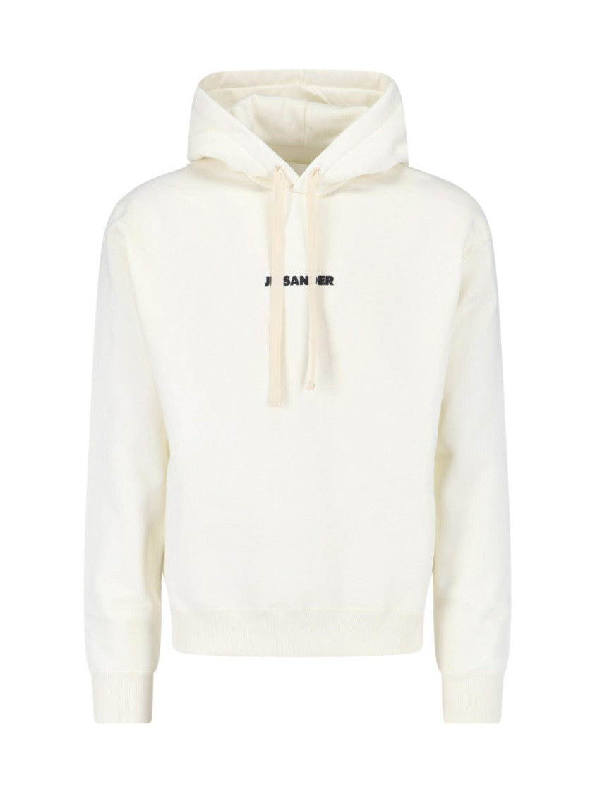 Jil Sander White Cropped Contrast Logo Cotton Hoodie