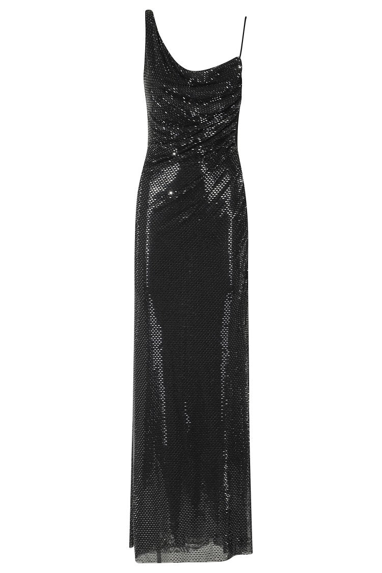 Self-Portrait Black Rhinestone Draped Hooded Maxi Dress