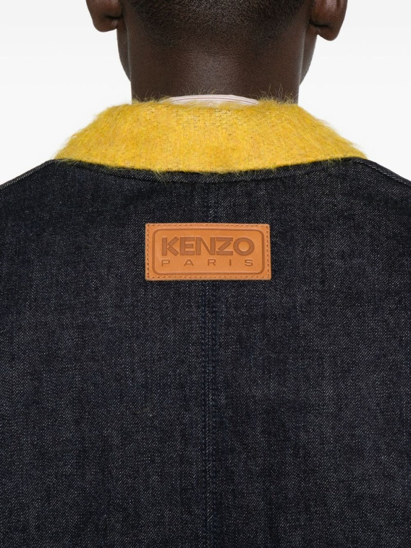 Kenzo Dark Blue Notched Lapel Button Sweater