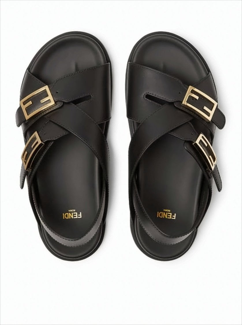 Fendi Black Leather Sandals With Gold-Tone Buckle Details