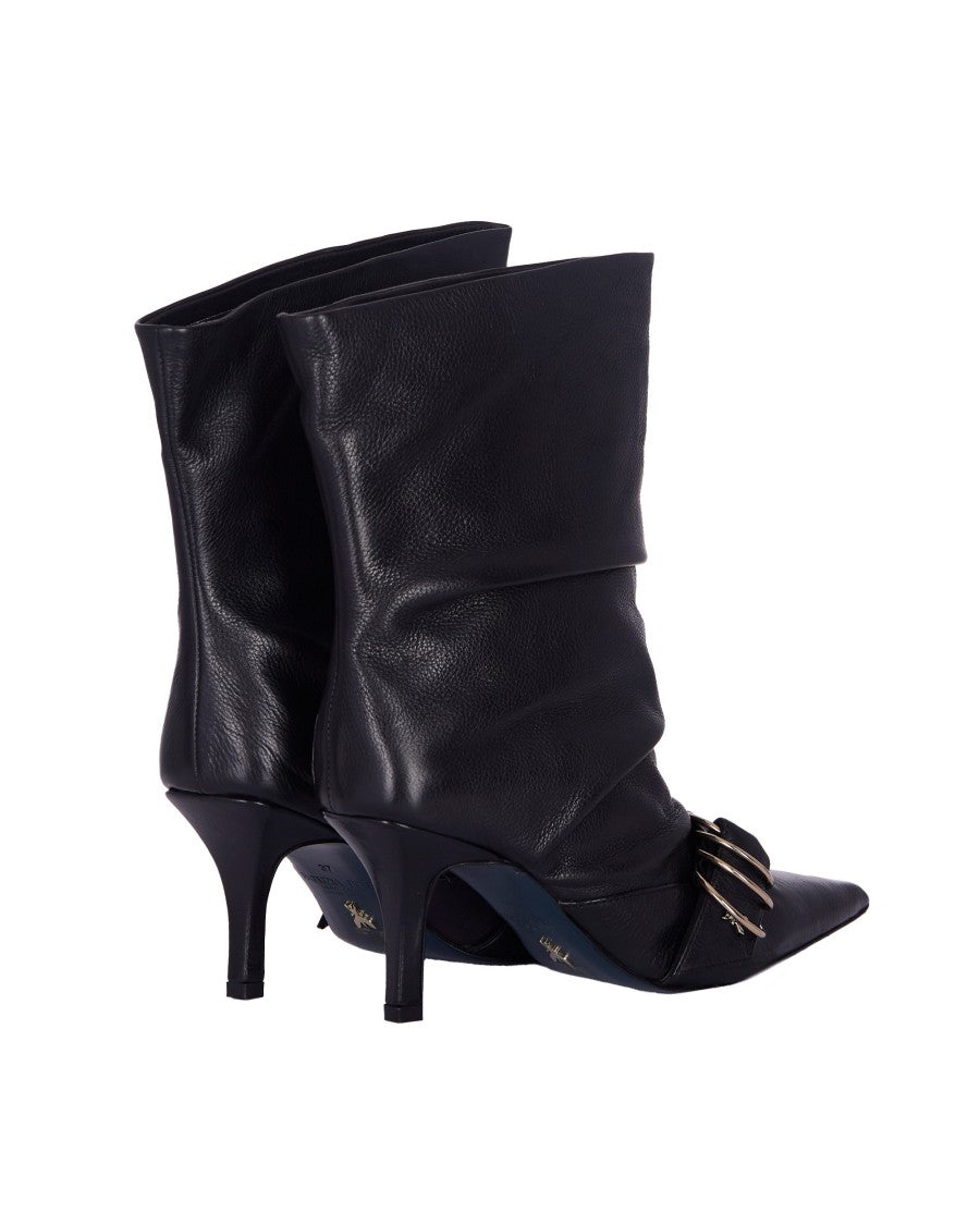 Patrizia Pepe Asymmetrical Black Leather Boots With Front Buckle Detail