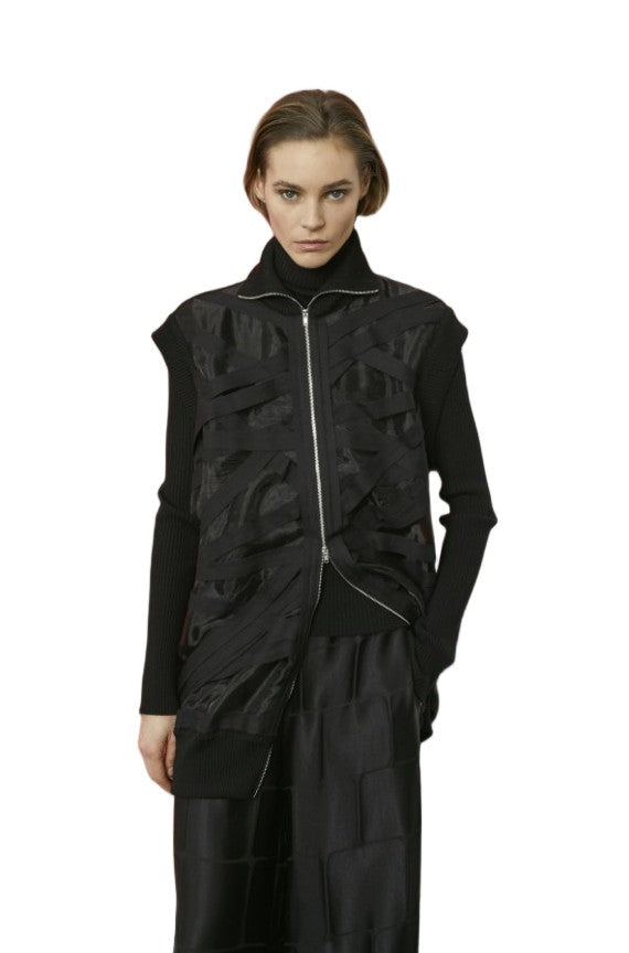 Pier Antonio Gaspari Black Sheer Panel Asymmetrical Loose-Fit Cardigan