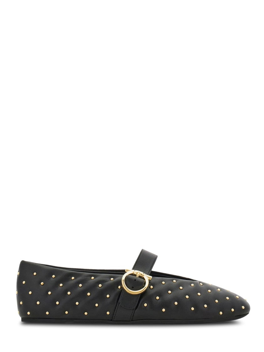 Ferragamo Quilted Pointed Toe Flats With Gold Accents