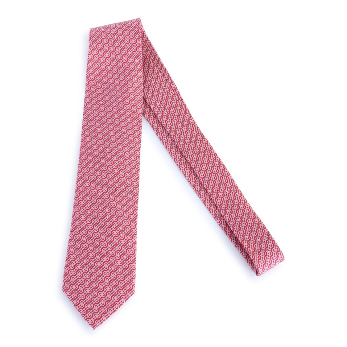 Ferragamo Intricate Geometric Red Silk Tie With Logo Patch