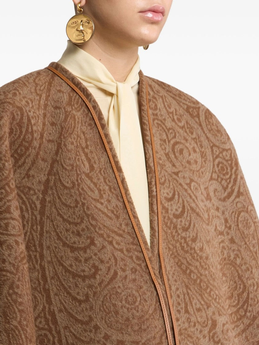 Etro Brown Paisley Pattern Cape With Leather Trim