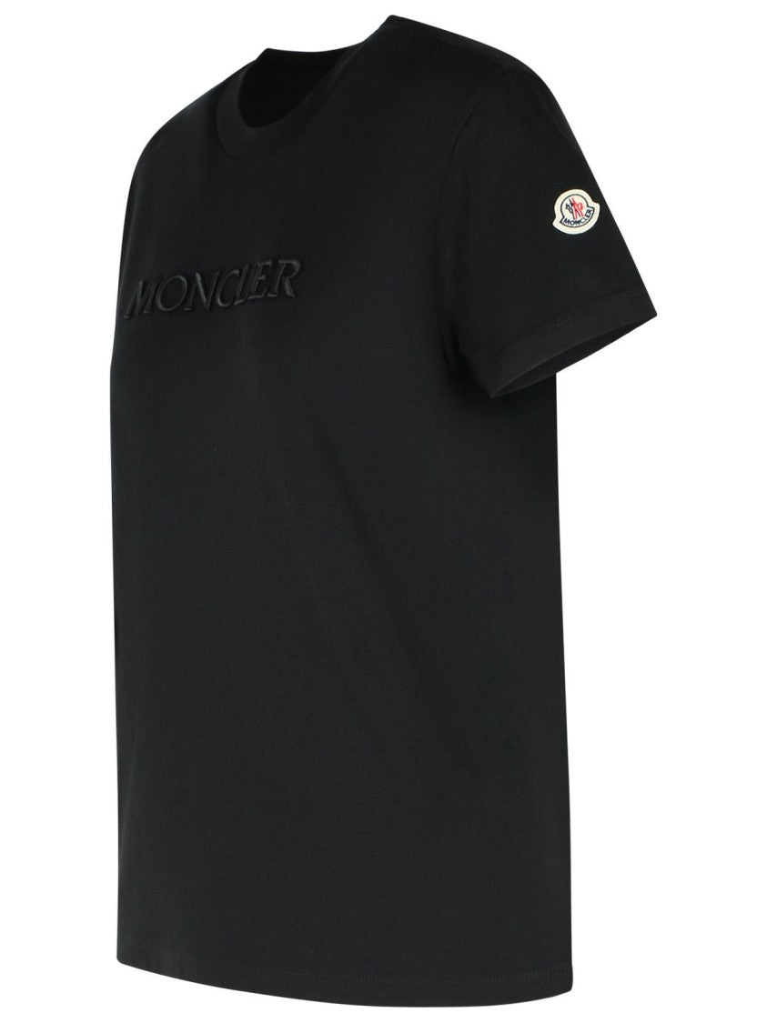 Moncler Ribbed Black Cotton T-Shirt With Embossed Logo Detail