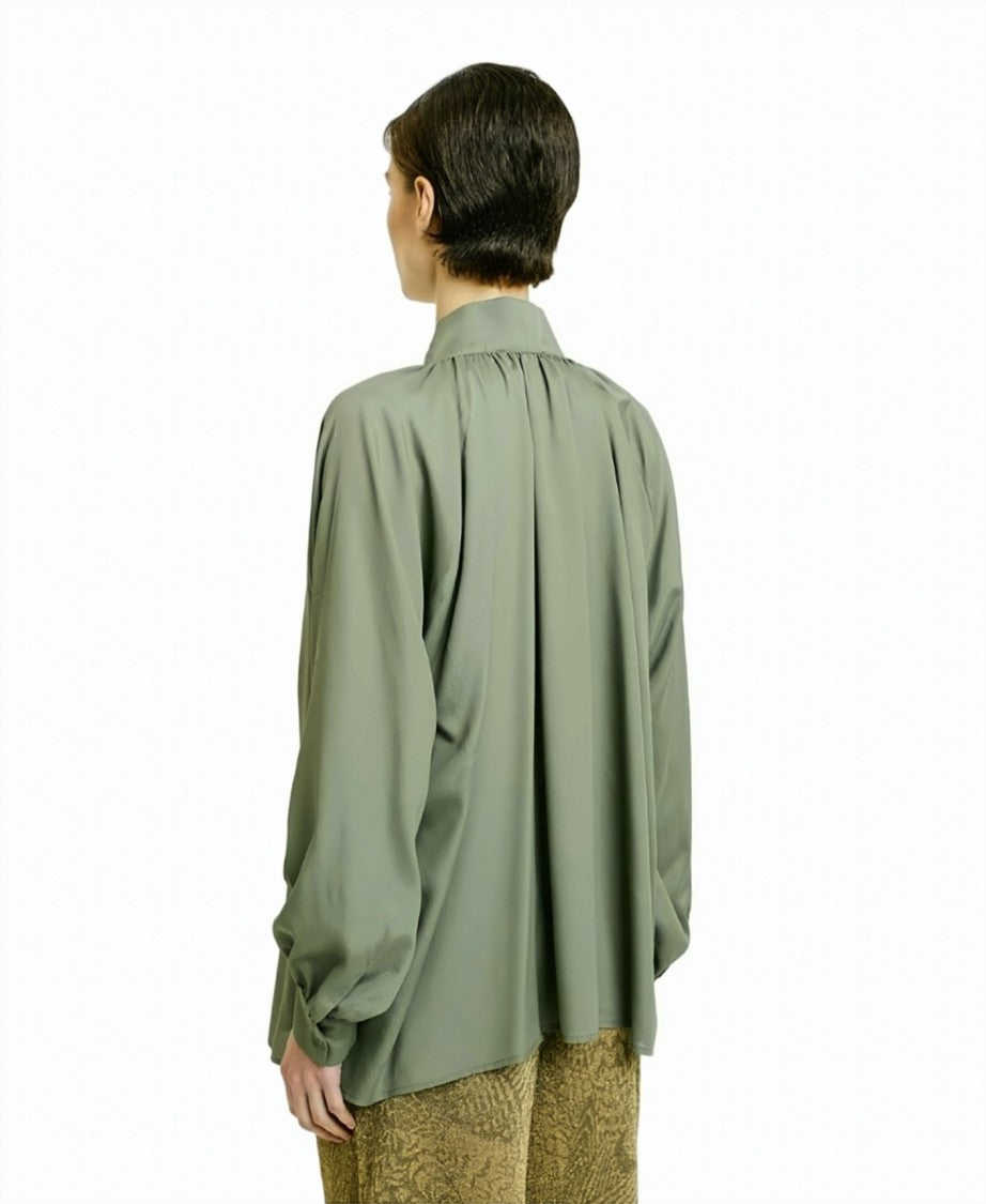 Momonì Oversized Viscose Georgette Gathered V-Neck Blouse