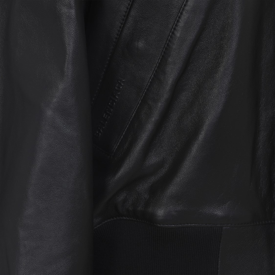 Balenciaga Black Leather Jacket With Standing Collar And Ribbed Details
