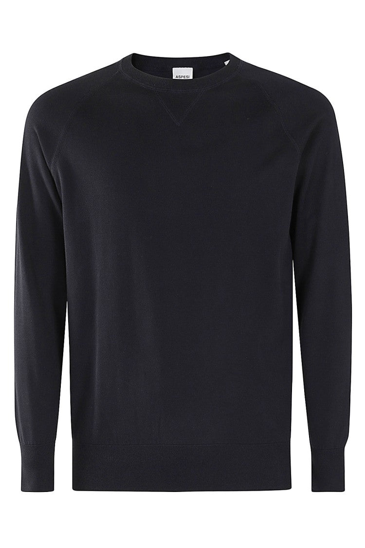 Aspesi Navy Blue Cotton Sweater With Ribbed Trims