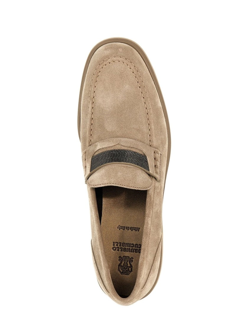 Brunello Cucinelli Beige Crystal Decoration Suede Loafers