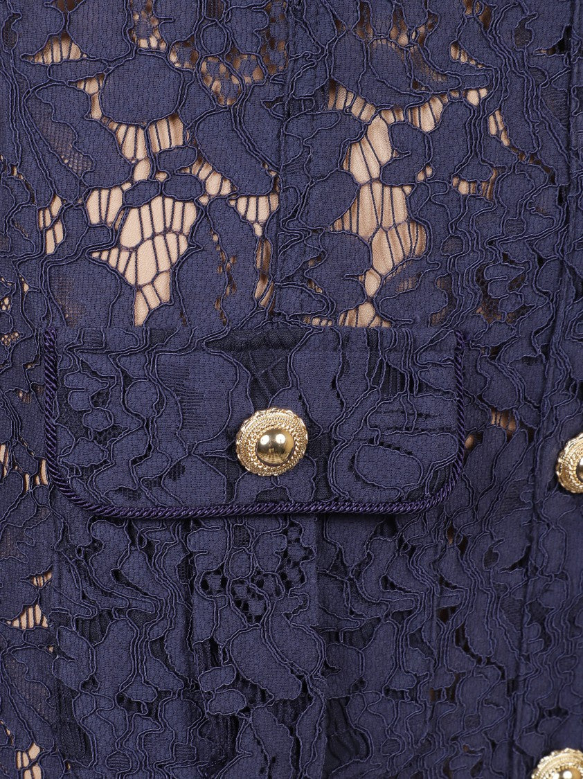 Self-Portrait Fitted Blue Midi Dress With Intricate Lace Design